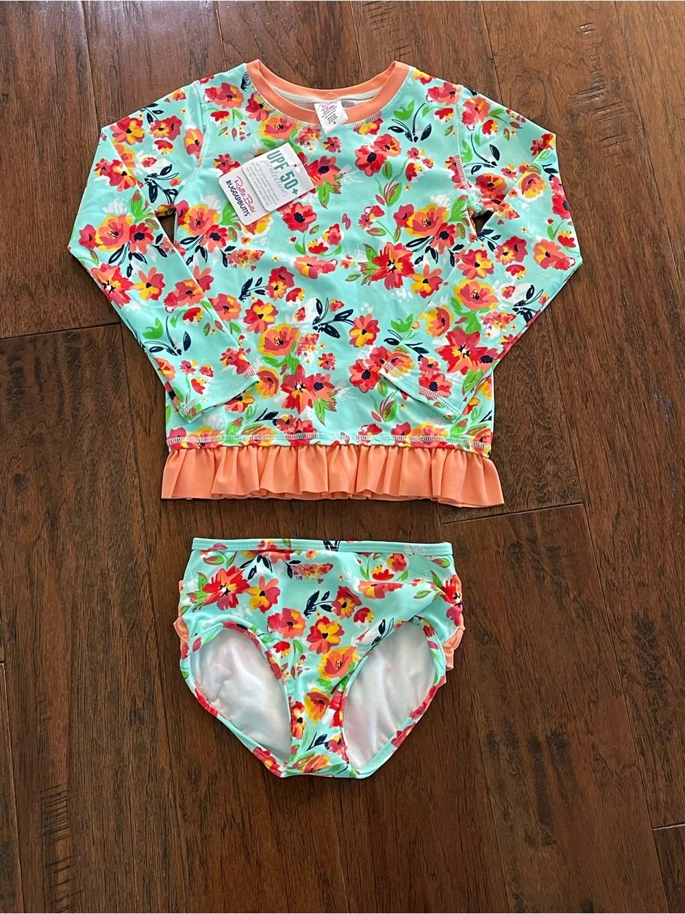 Ruffle Butts Aqua Floral Long-Sleeve Rashguard Set with Coral Ruffle Trim